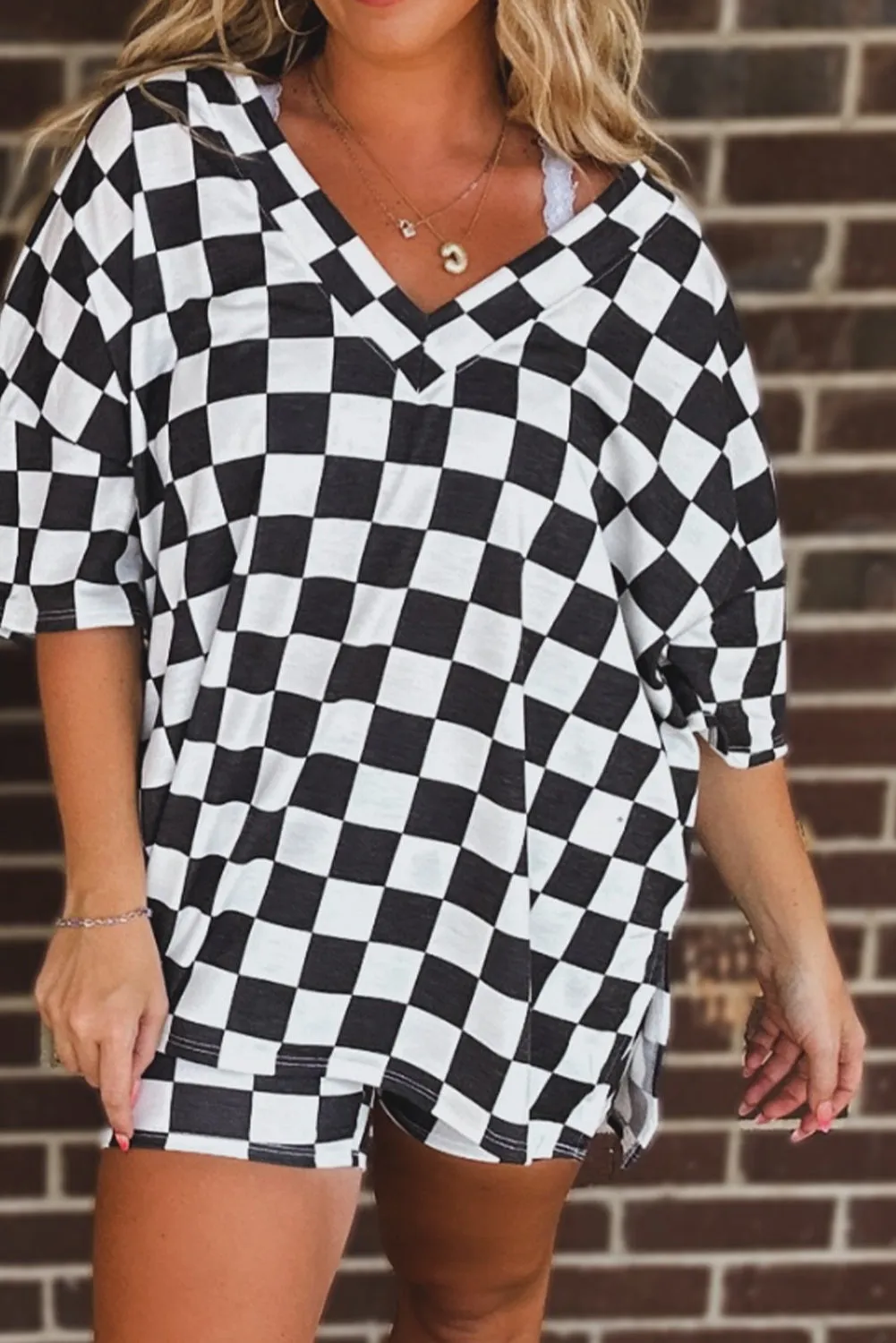 Black Checkered Pattern Tee and Shorts Plus Size Two Piece Set sold by Beagle Boutique product image thumbnail 3