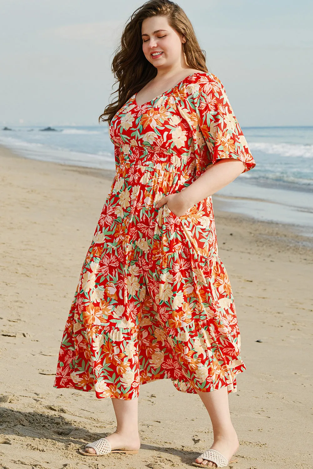 Orange Floral V-Neck Flutter Sleeve Cinched Waist Long Plus Size Dress sold by Beagle Boutique product image thumbnail 3