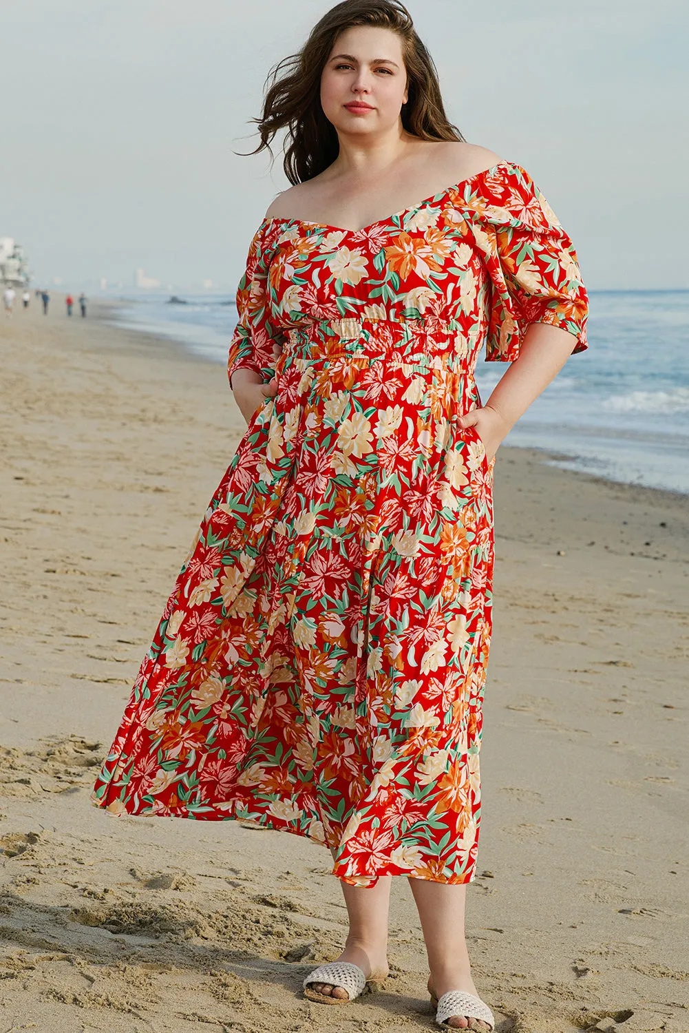 Orange Floral V-Neck Flutter Sleeve Cinched Waist Long Plus Size Dress sold by Beagle Boutique product image thumbnail 5