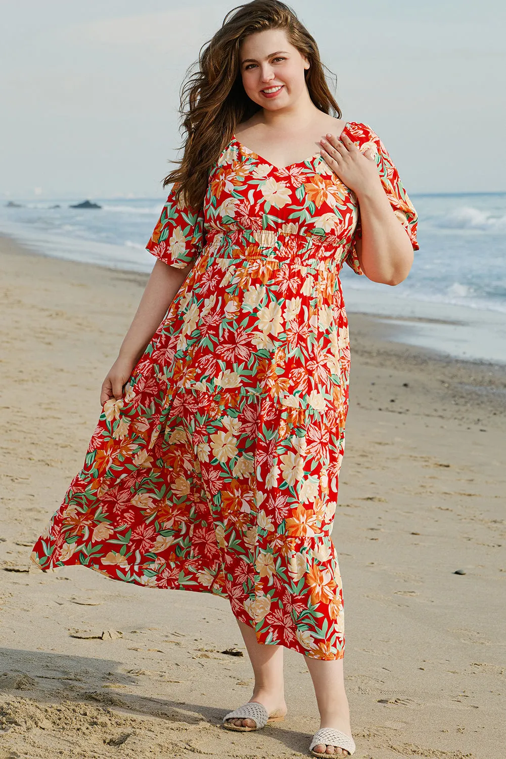 Orange Floral V-Neck Flutter Sleeve Cinched Waist Long Plus Size Dress sold by Beagle Boutique