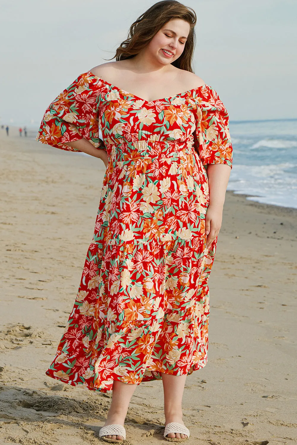 Orange Floral V-Neck Flutter Sleeve Cinched Waist Long Plus Size Dress sold by Beagle Boutique product image thumbnail 4