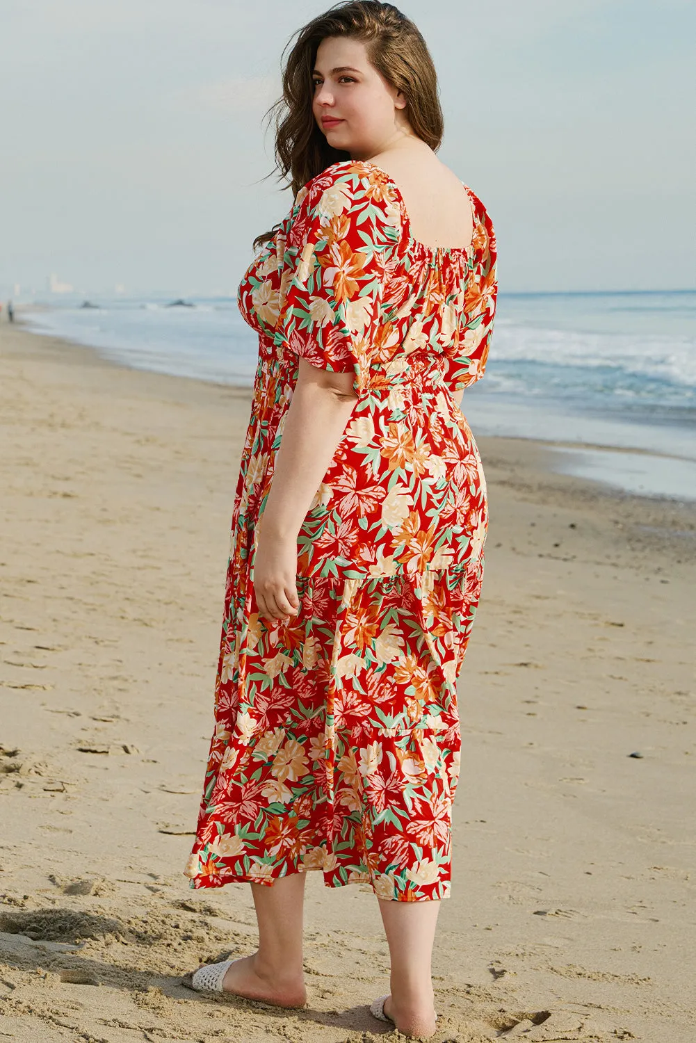 Orange Floral V-Neck Flutter Sleeve Cinched Waist Long Plus Size Dress sold by Beagle Boutique product image thumbnail 2