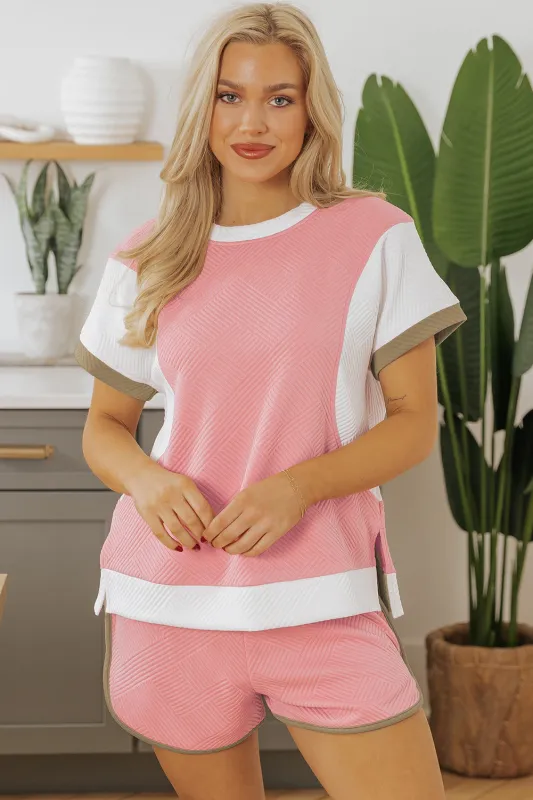 Pink Textured Colorblock Patchwork Tee Two Piece Shorts Set sold by Beagle Boutique