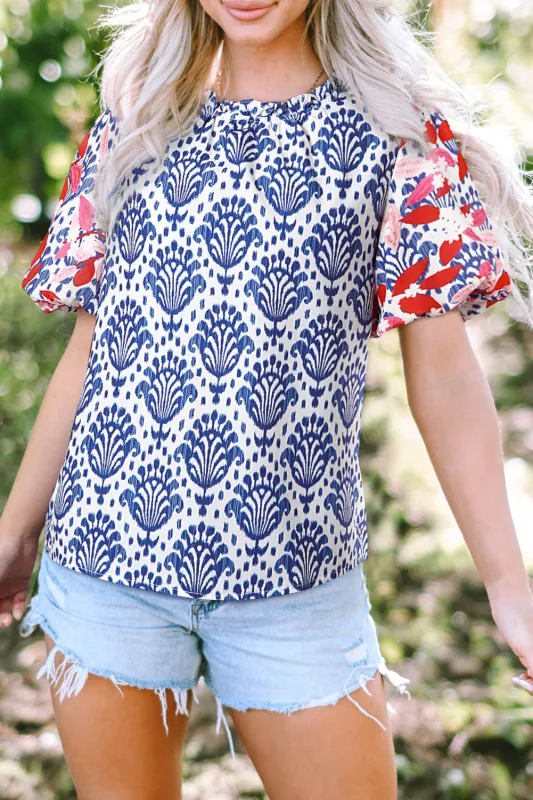 Blue Western Fashion Print Floral Puff Sleeve Frilled Neck Blouse sold by Beagle Boutique