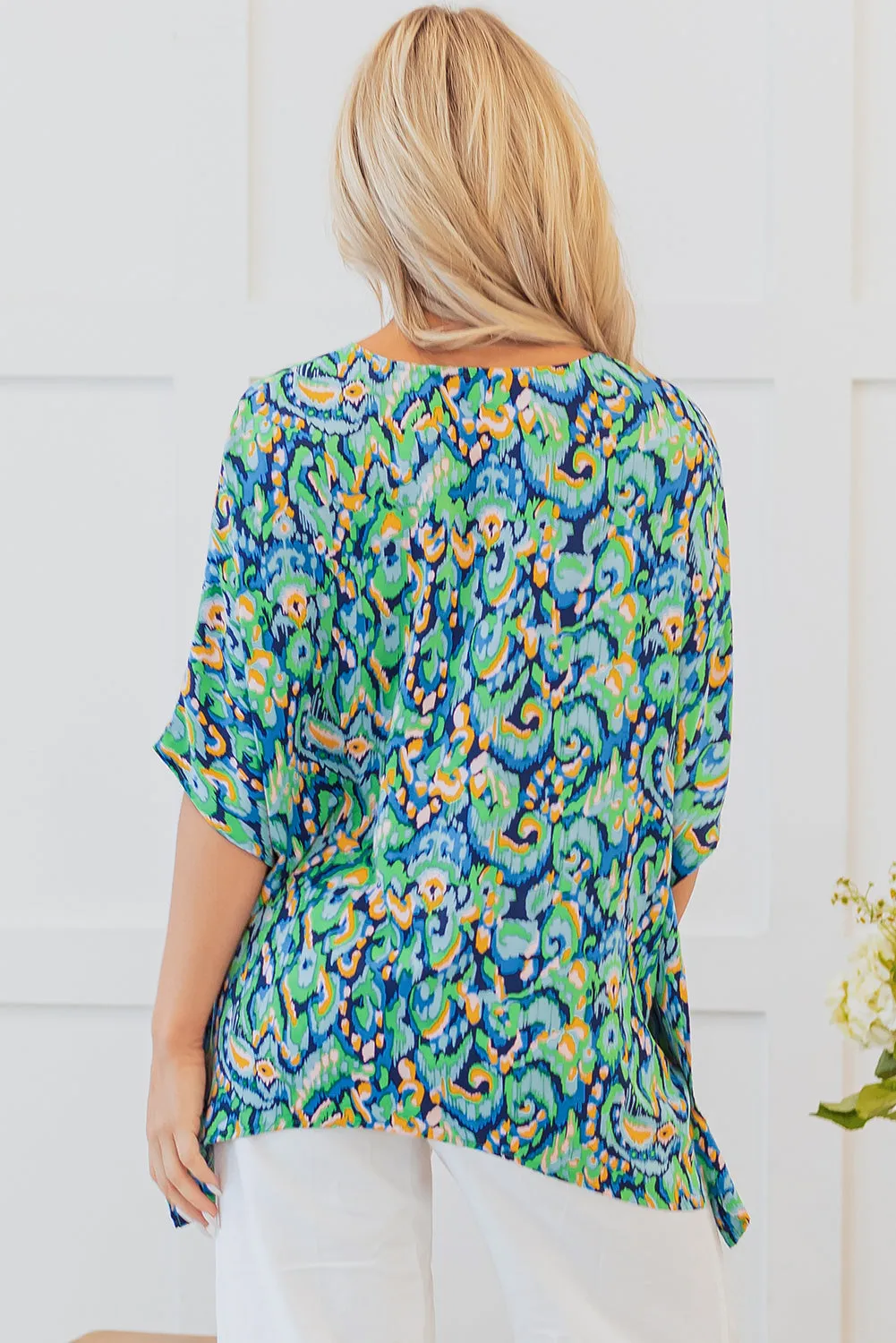 Green Abstract Print V Neck Half Sleeve Loose Fit Tunic Blouse sold by Beagle Boutique product image thumbnail 2