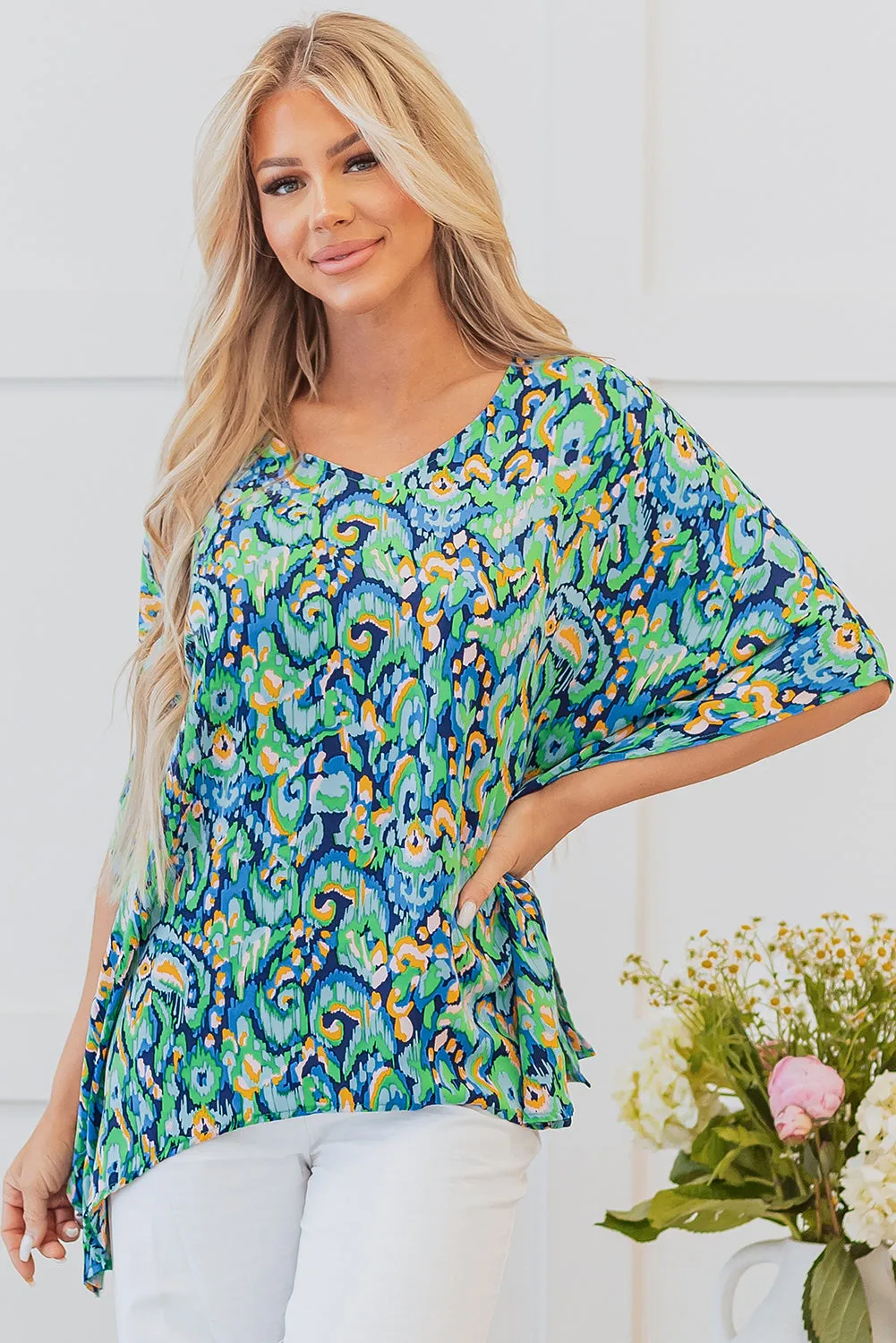 Green Abstract Print V Neck Half Sleeve Loose Fit Tunic Blouse sold by Beagle Boutique product image thumbnail 4