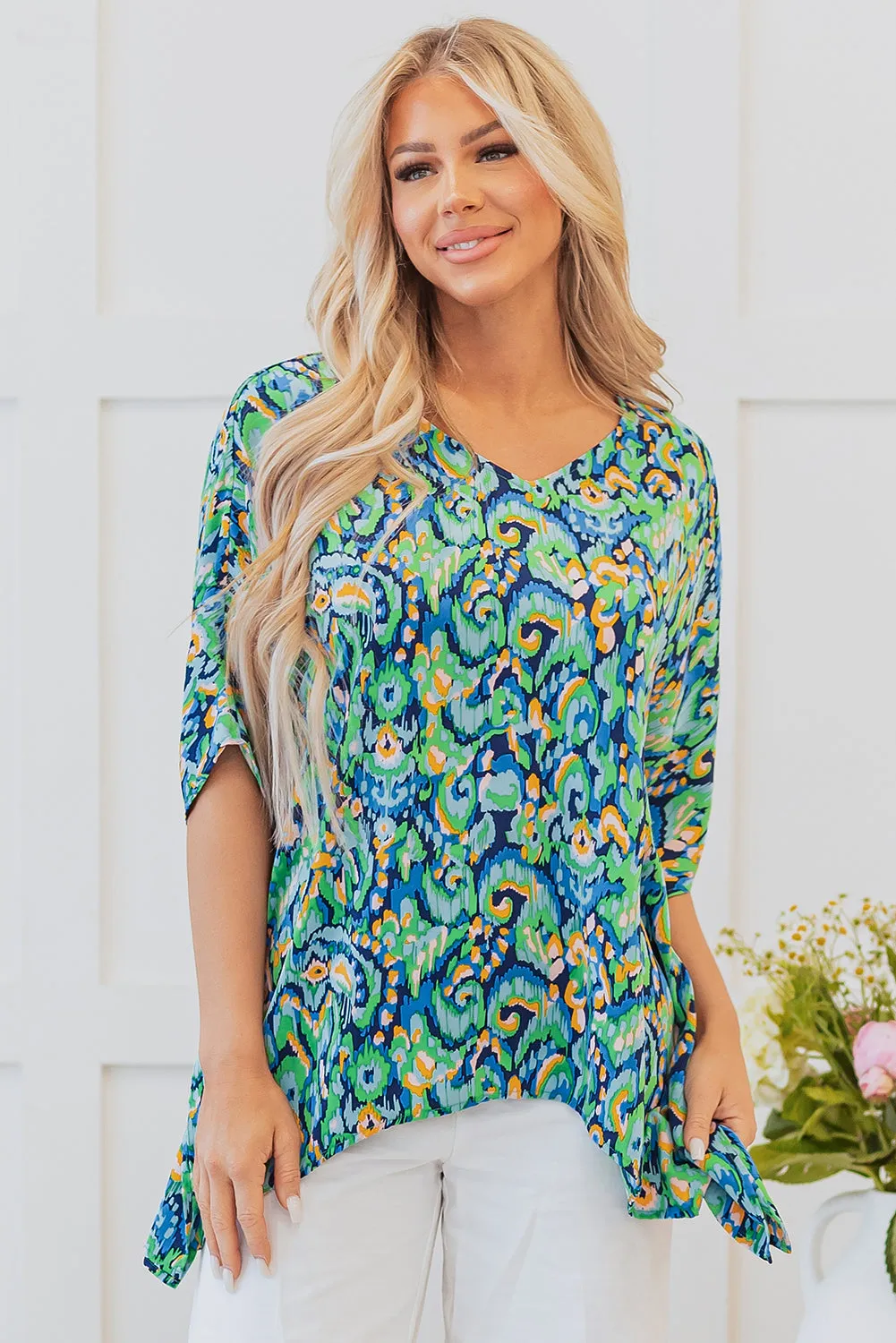 Green Abstract Print V Neck Half Sleeve Loose Fit Tunic Blouse sold by Beagle Boutique