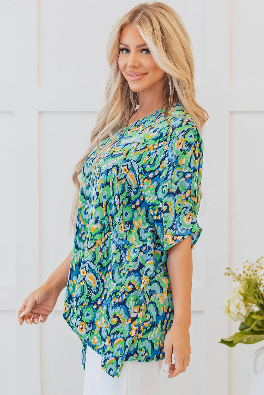 Green Abstract Print V Neck Half Sleeve Loose Fit Tunic Blouse sold by Beagle Boutique product image thumbnail 3