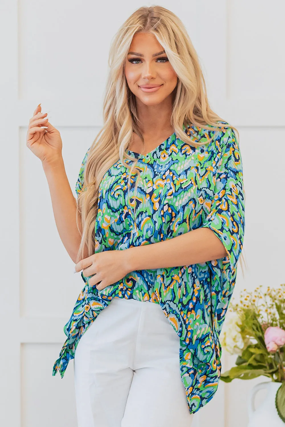 Green Abstract Print V Neck Half Sleeve Loose Fit Tunic Blouse sold by Beagle Boutique product image thumbnail 5