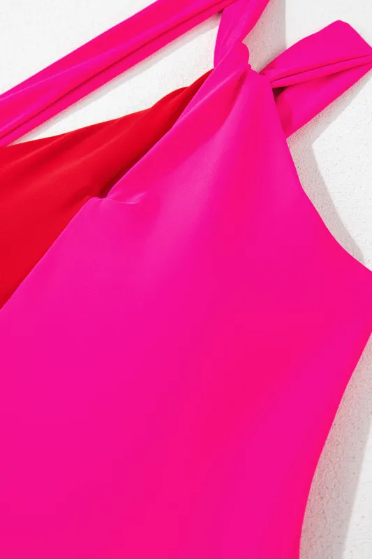 Rose Red Knotted One Shoulder Two Tones Backless One Piece Swimsuit sold by Beagle Boutique