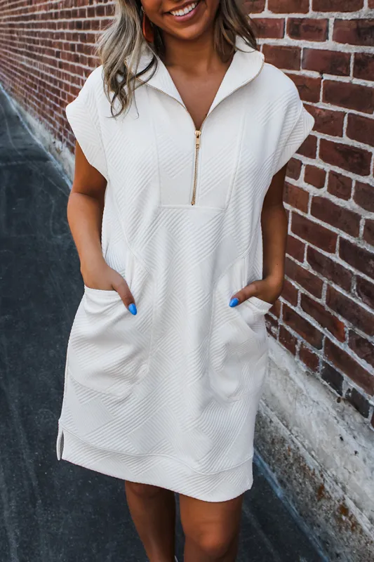White Textured Half Zip Collared Cap Sleeve Mini Dress sold by Beagle Boutique