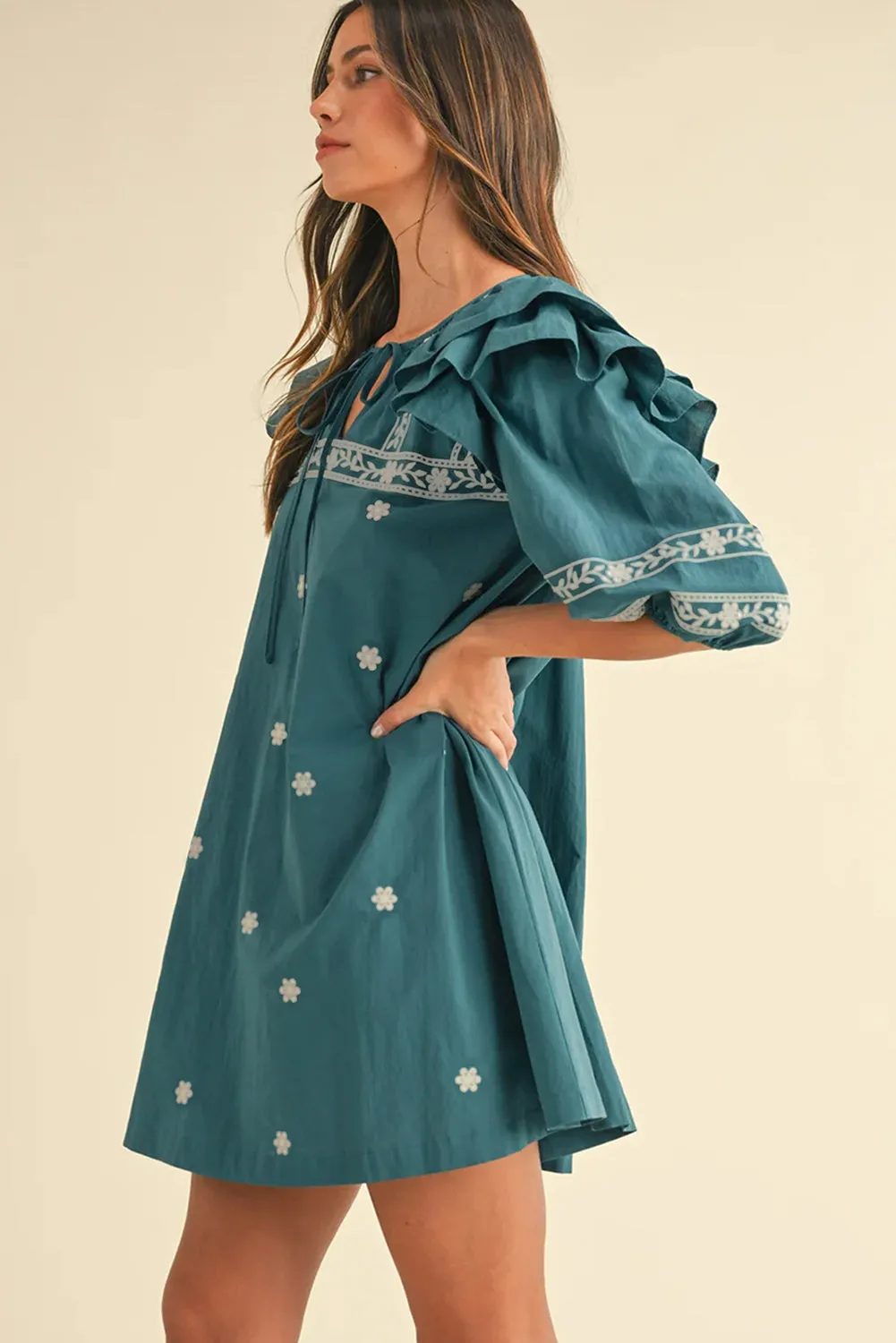 Skobeloff Boho Floral Ruffle Puff Sleeve Lace-up V Neck Mini Dress sold by Beagle Boutique product image thumbnail 2