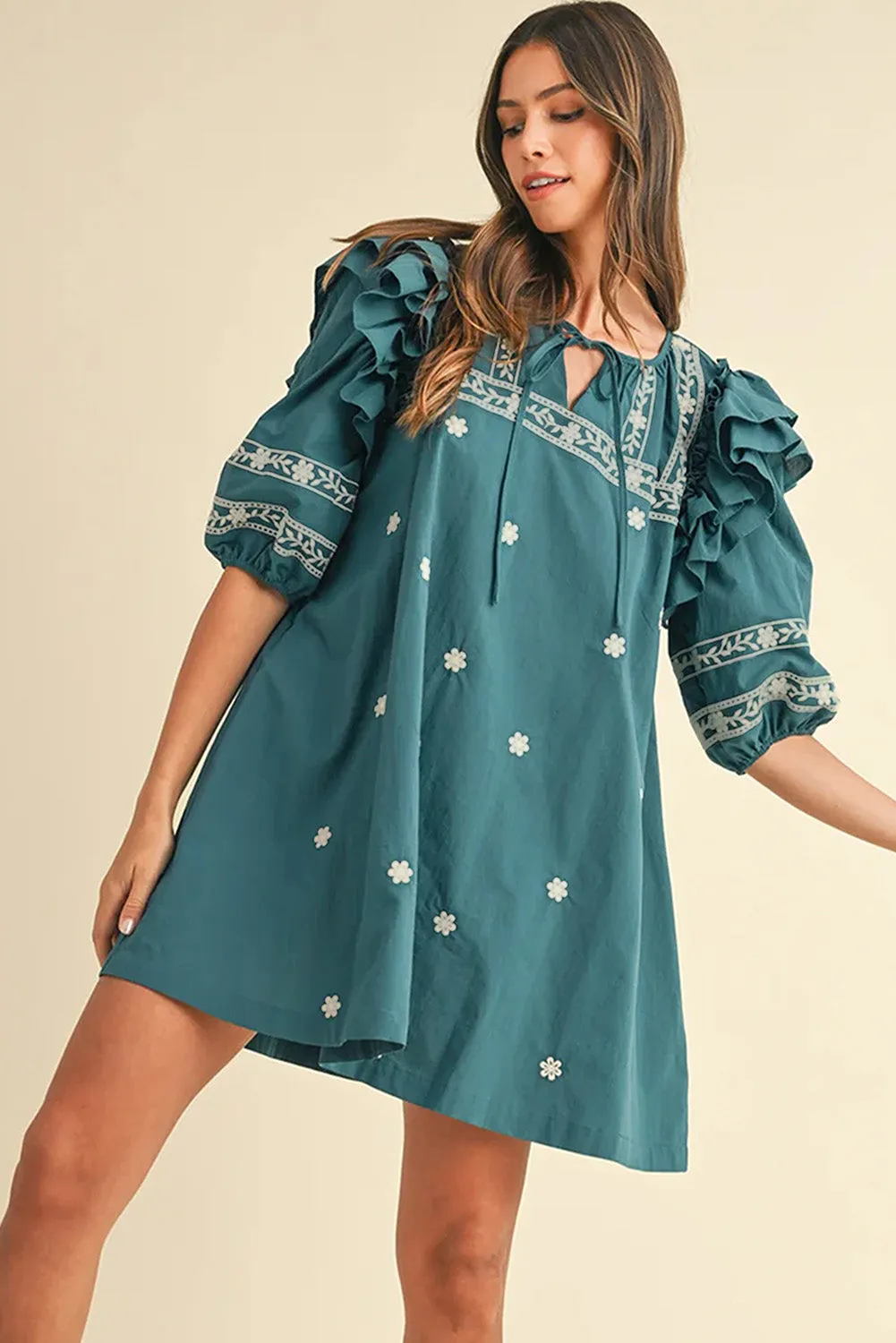 Skobeloff Boho Floral Ruffle Puff Sleeve Lace-up V Neck Mini Dress sold by Beagle Boutique product image thumbnail 3