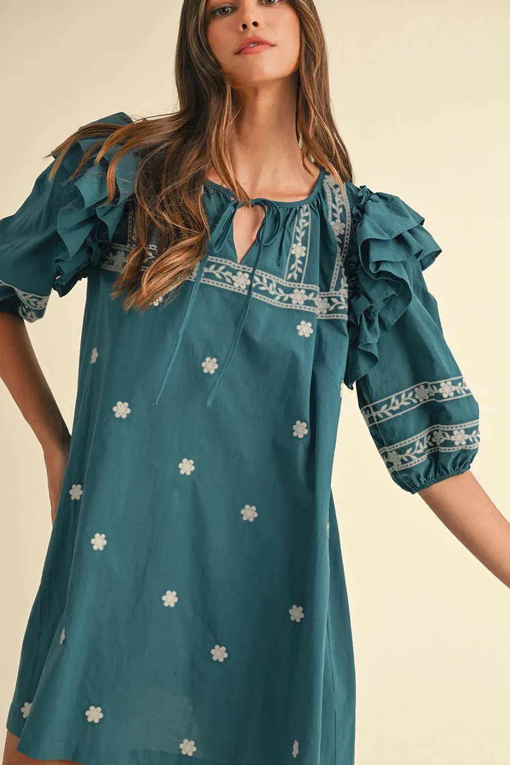 Skobeloff Boho Floral Ruffle Puff Sleeve Lace-up V Neck Mini Dress sold by Beagle Boutique product image thumbnail 5
