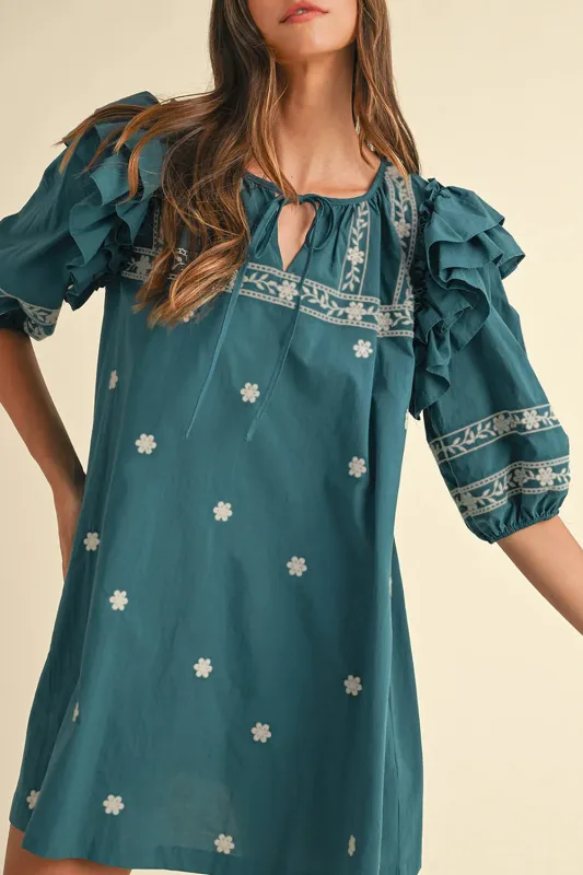 Skobeloff Boho Floral Ruffle Puff Sleeve Lace-up V Neck Mini Dress sold by Beagle Boutique
