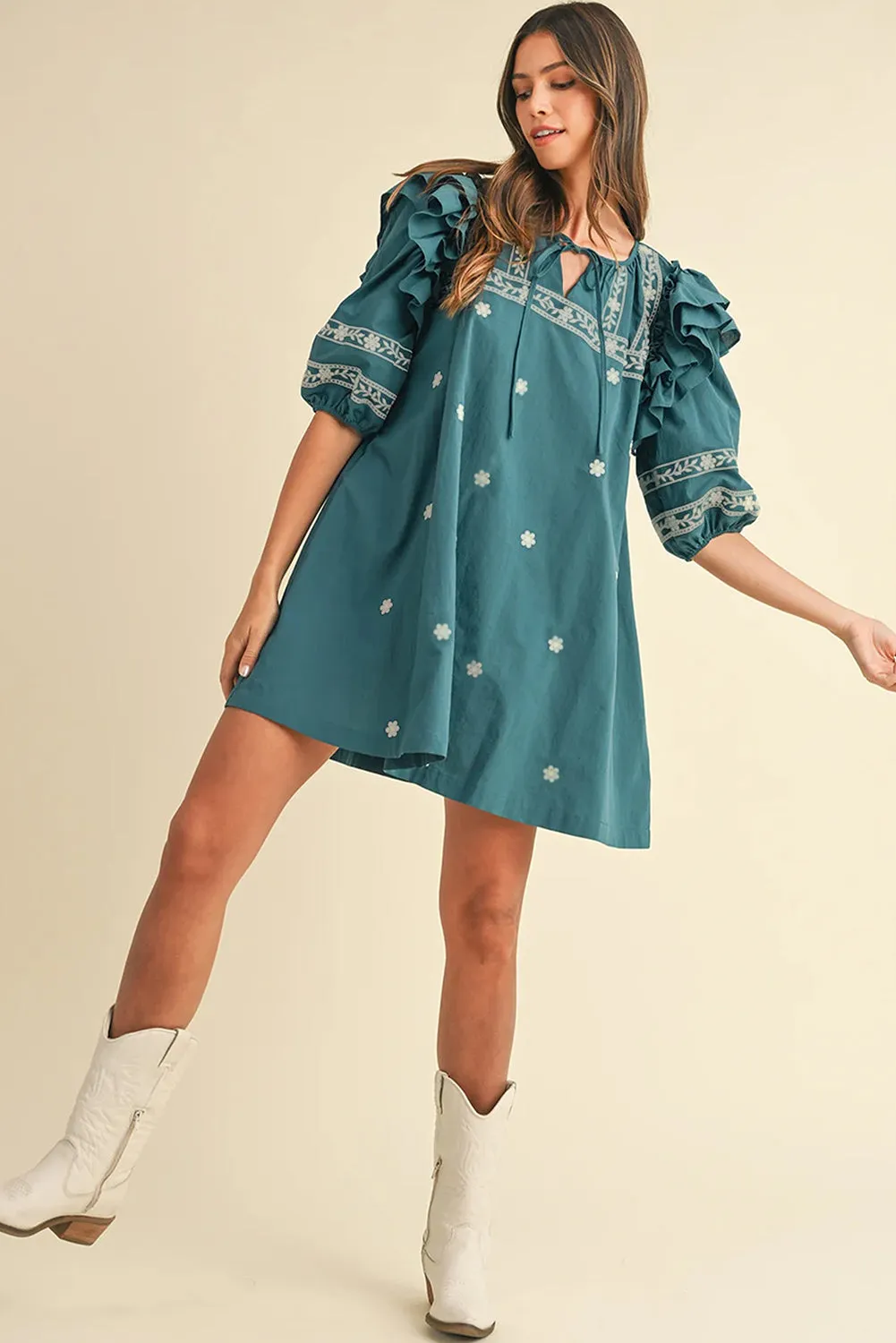 Skobeloff Boho Floral Ruffle Puff Sleeve Lace-up V Neck Mini Dress sold by Beagle Boutique product image thumbnail 4