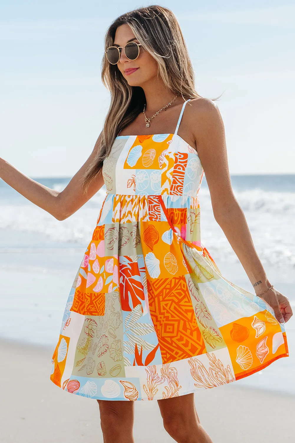 Orange Seashell Patchwork Print Self-tie Flowy Sundress sold by Beagle Boutique product image thumbnail 3
