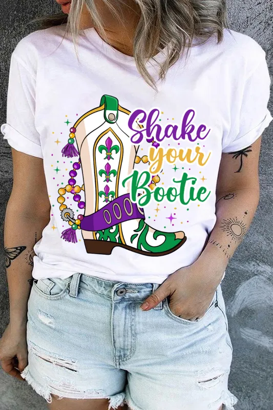 White Shake Your Bootie Graphic Plus Size Mardi Gras Tee made by Beagle Boutique