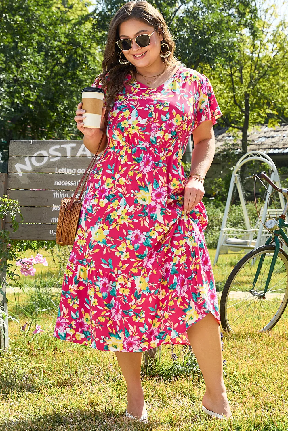Pink Floral Print V Neck Pocketed High Waist Plus Size Midi Dress sold by Beagle Boutique