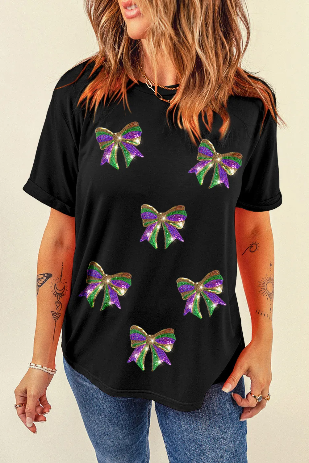 Black Sequin Mardi Gras Bow Graphic Crewneck Tee sold by Beagle Boutique product image thumbnail 5