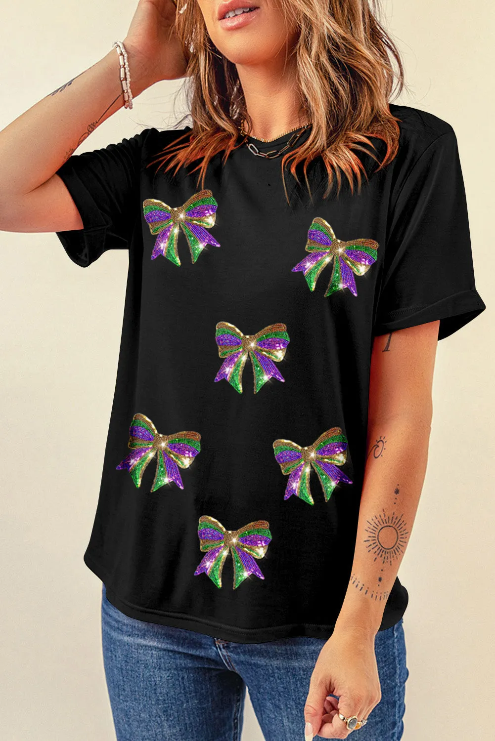 Black Sequin Mardi Gras Bow Graphic Crewneck Tee sold by Beagle Boutique product image thumbnail 3