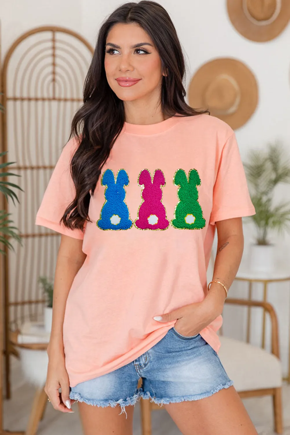 Pink Easter Bunny Chenille Patched Graphic Tee sold by Beagle Boutique product image thumbnail 4