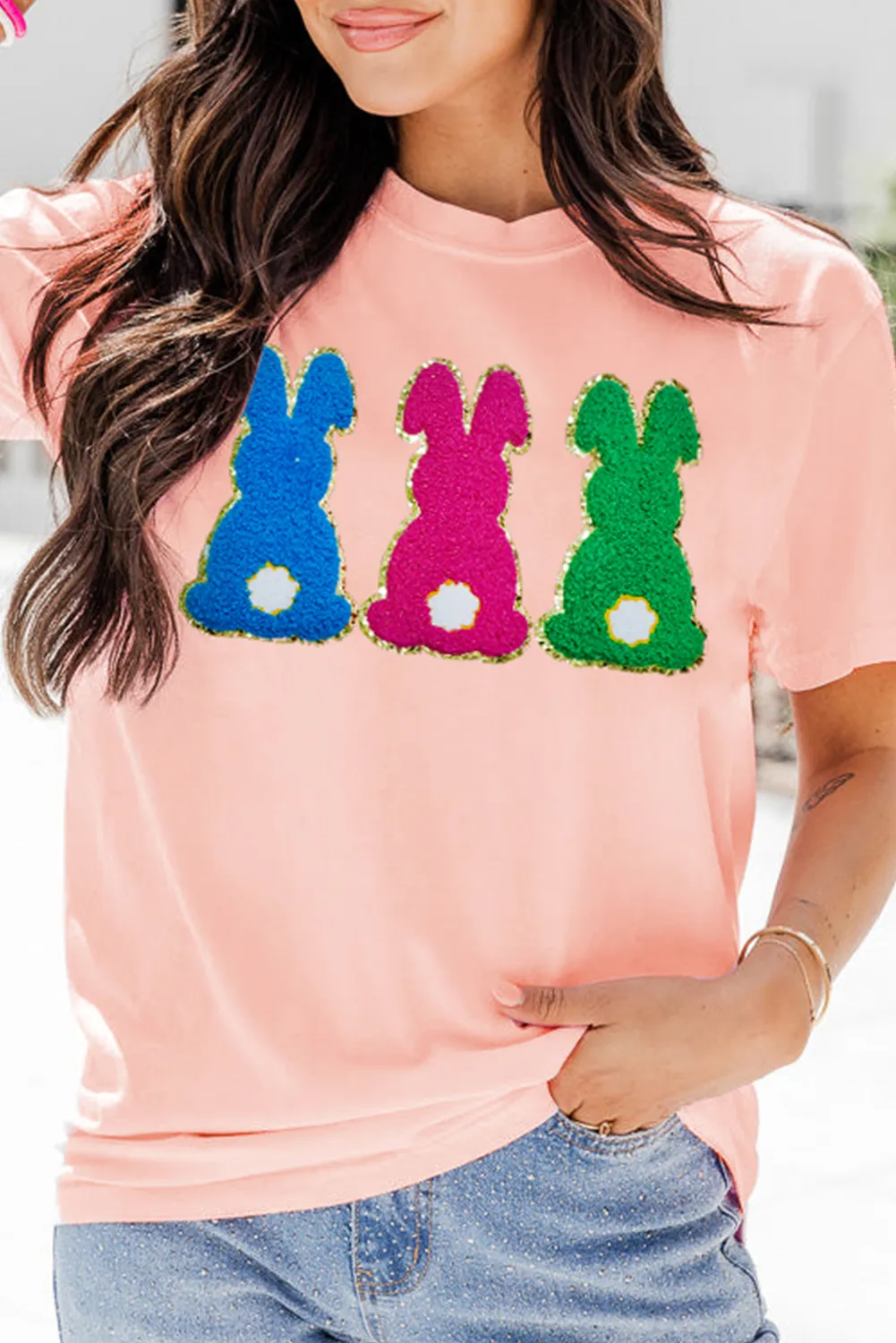 Pink Easter Bunny Chenille Patched Graphic Tee sold by Beagle Boutique