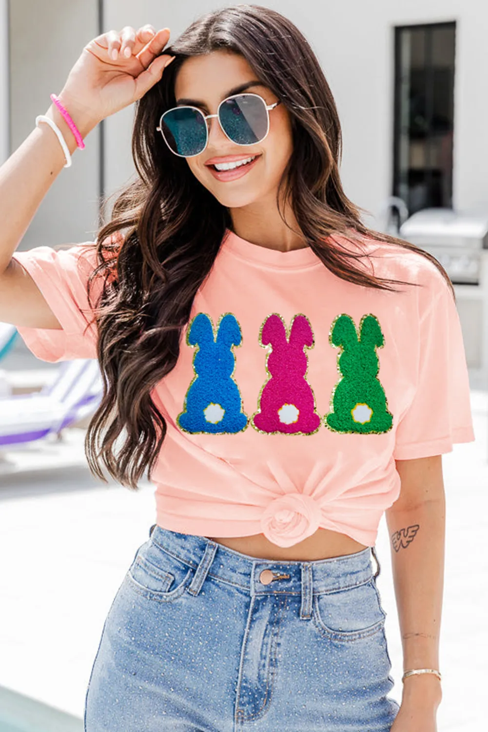 Pink Easter Bunny Chenille Patched Graphic Tee sold by Beagle Boutique product image thumbnail 2