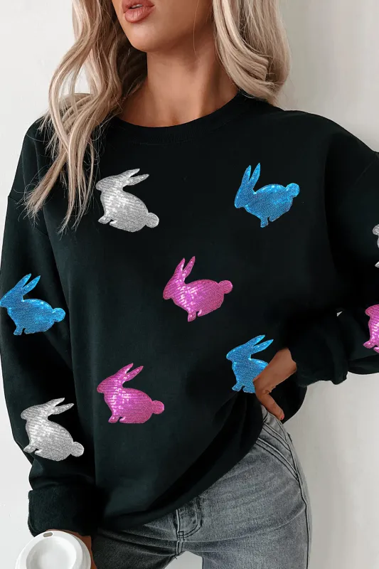 Black Easter Bunny Sequin Patched Drop Shoulder Sweatshirt sold by Beagle Boutique