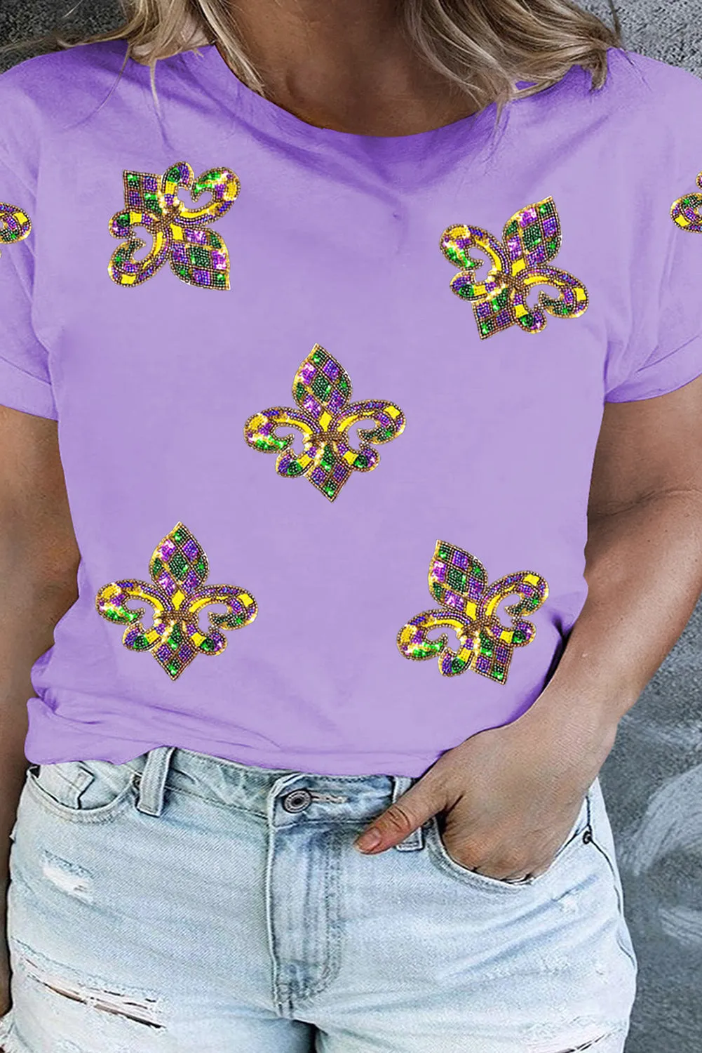 Black Mardi Gras Fleur de Lis Patched Graphic Crewneck Plus Size Tee sold by Beagle Boutique product image thumbnail 3