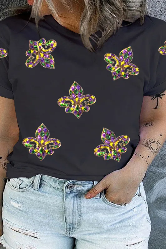 Black Mardi Gras Fleur de Lis Patched Graphic Crewneck Plus Size Tee sold by Beagle Boutique