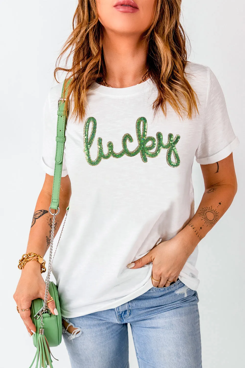 White Sequined Lucky St.Patricks Day Graphic Tee sold by Beagle Boutique product image thumbnail 2