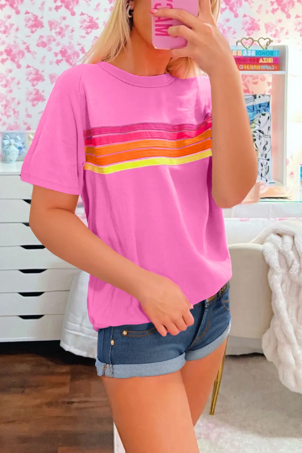 Pink Striped Patch Front Casual Tee sold by Beagle Boutique product image thumbnail 2
