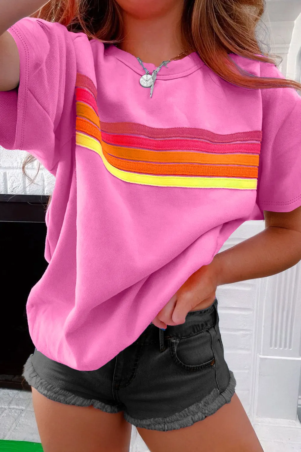 Pink Striped Patch Front Casual Tee sold by Beagle Boutique