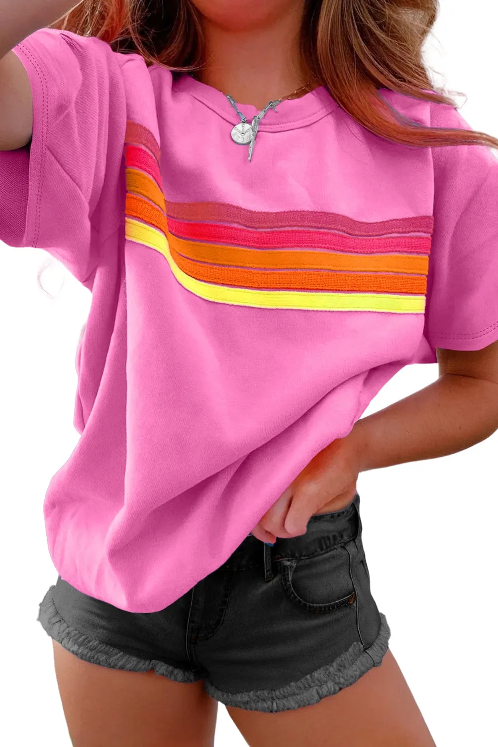 Pink Striped Patch Front Casual Tee sold by Beagle Boutique product image thumbnail 3
