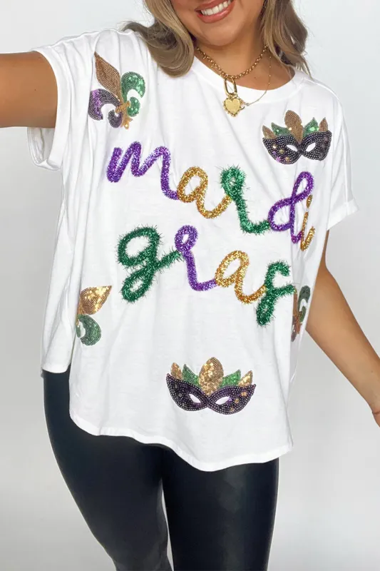 White Mardi Gras Tinsel Sequin Graphic T Shirt sold by Beagle Boutique