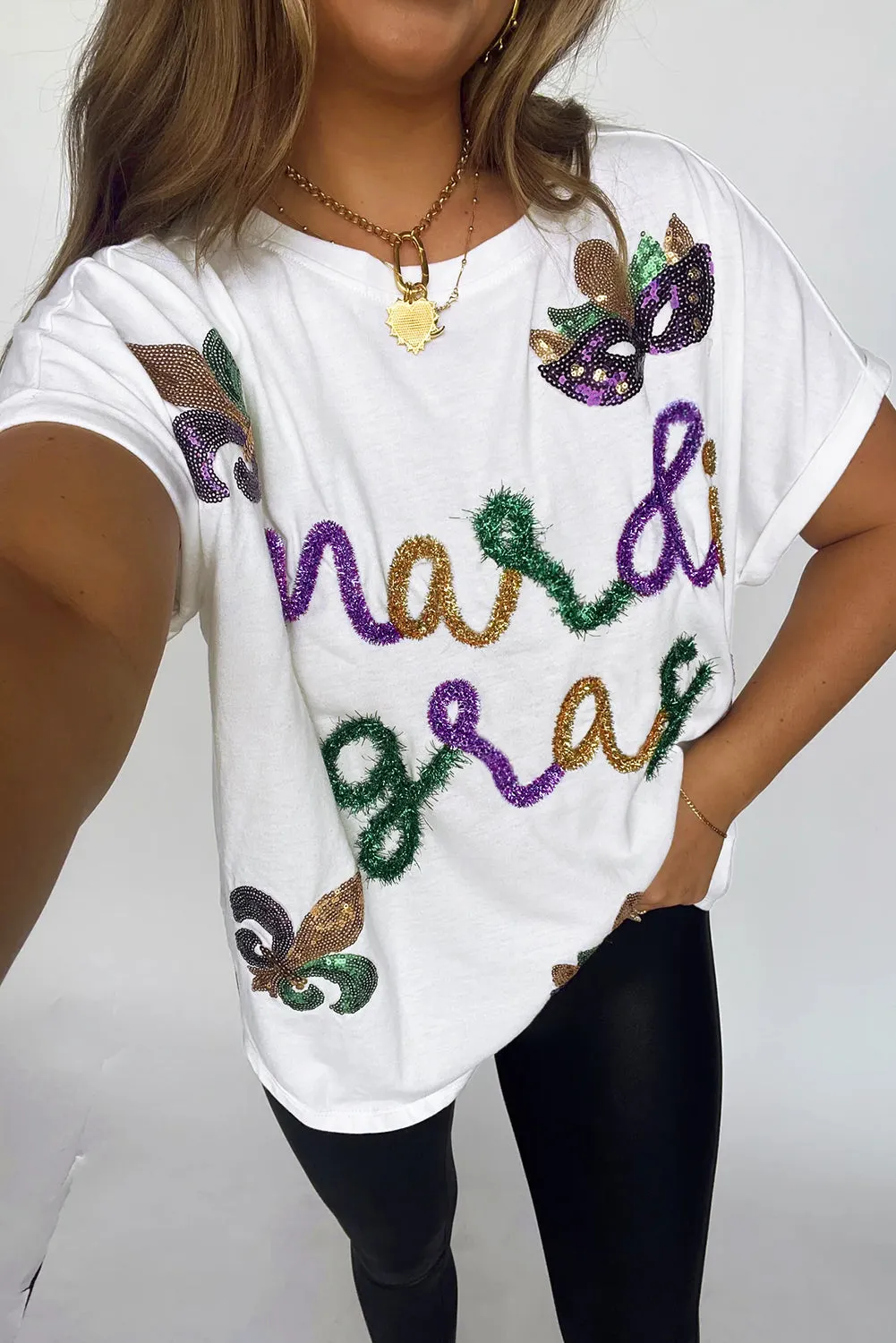 White Mardi Gras Tinsel Sequin Graphic T Shirt sold by Beagle Boutique product image thumbnail 5