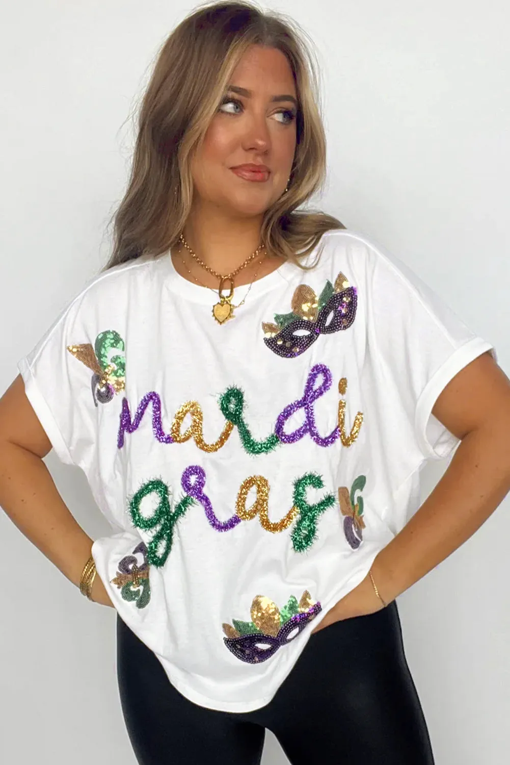 White Mardi Gras Tinsel Sequin Graphic T Shirt sold by Beagle Boutique product image thumbnail 3