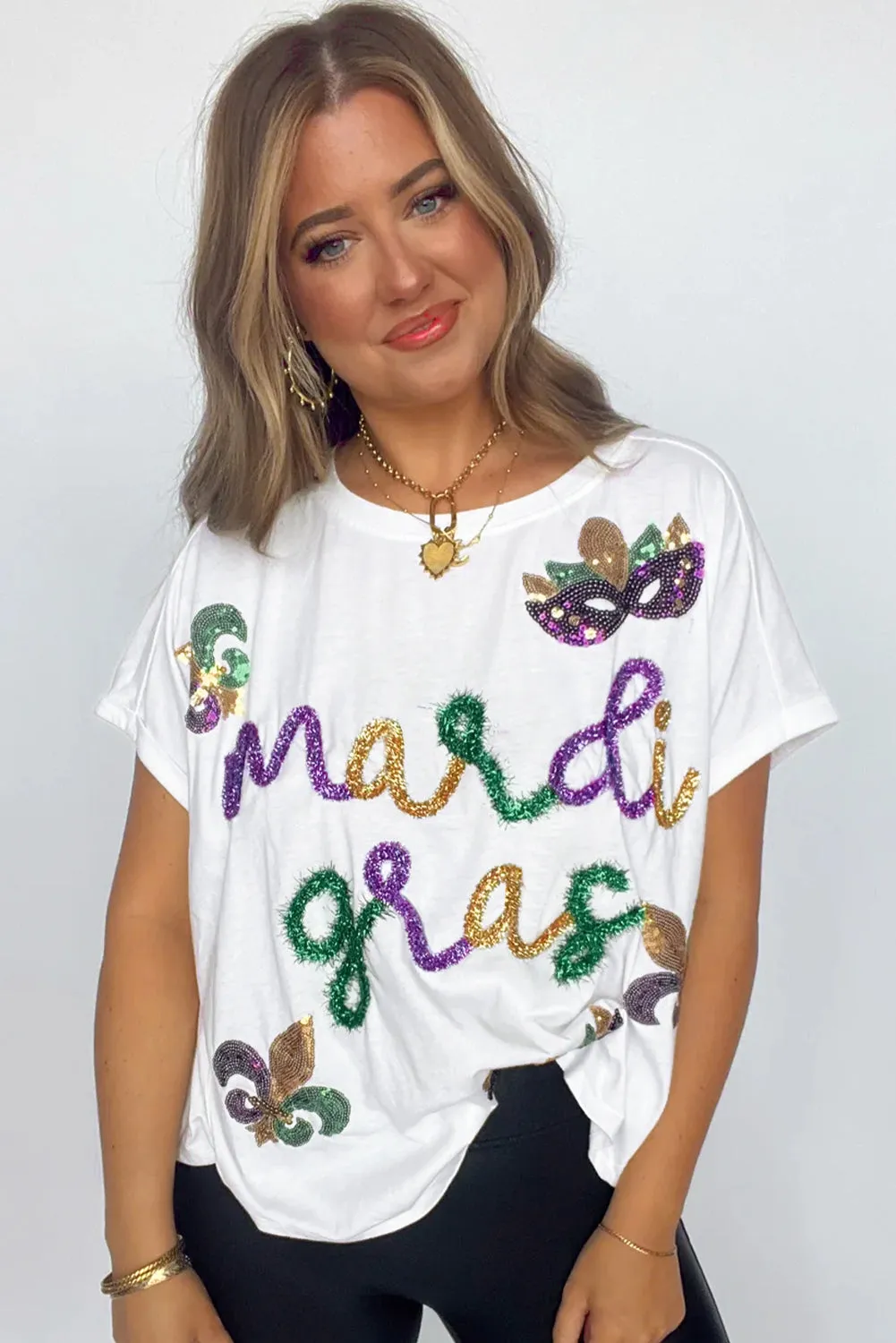 White Mardi Gras Tinsel Sequin Graphic T Shirt sold by Beagle Boutique product image thumbnail 4