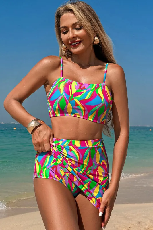 Multicolour Abstract Print Textured Spaghetti Strap High Waist Bikini Set sold by Beagle Boutique