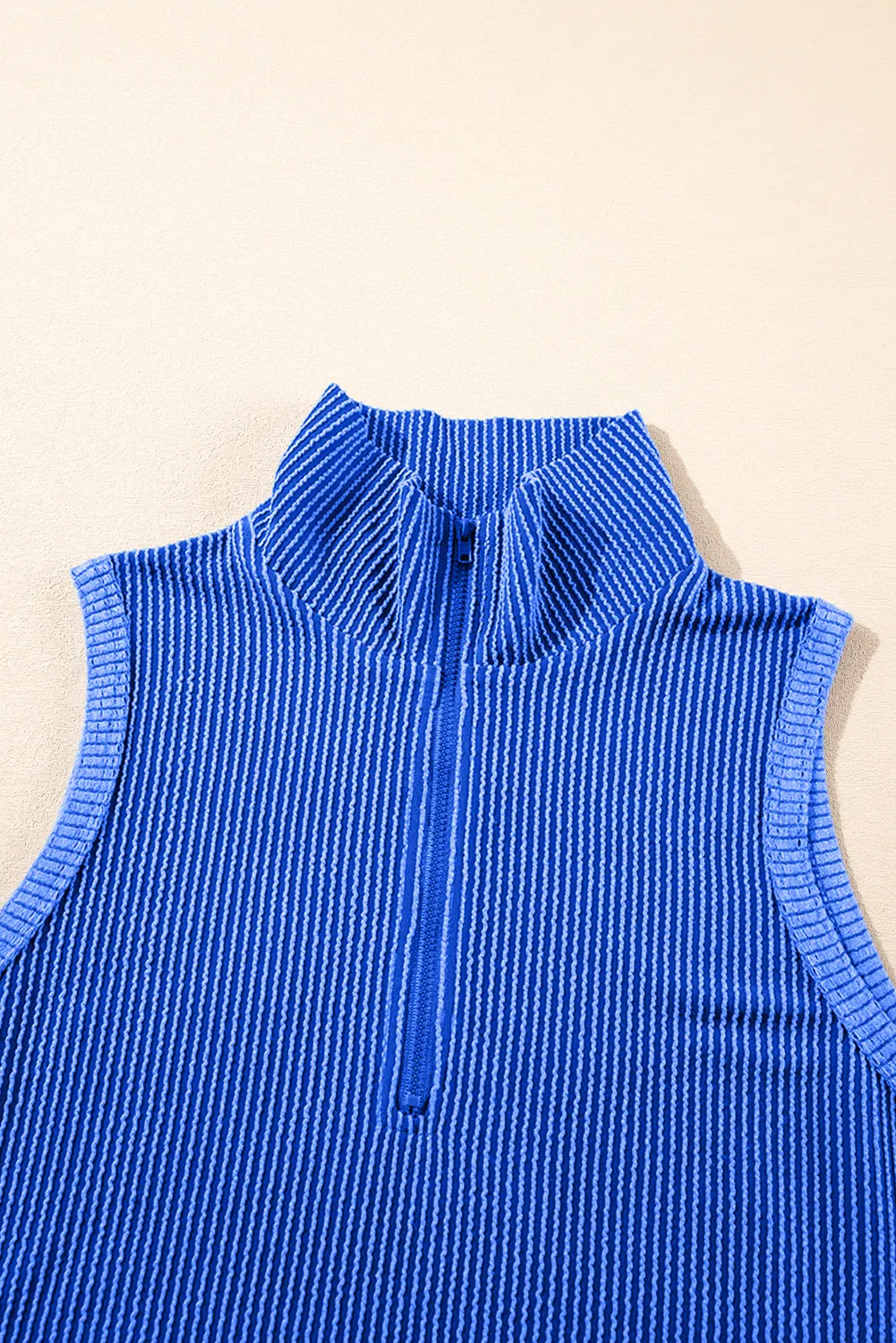 Sky Blue Ribbed Collared Half Zip Tank Top Two Piece Shorts Set sold by Beagle Boutique product image thumbnail 4