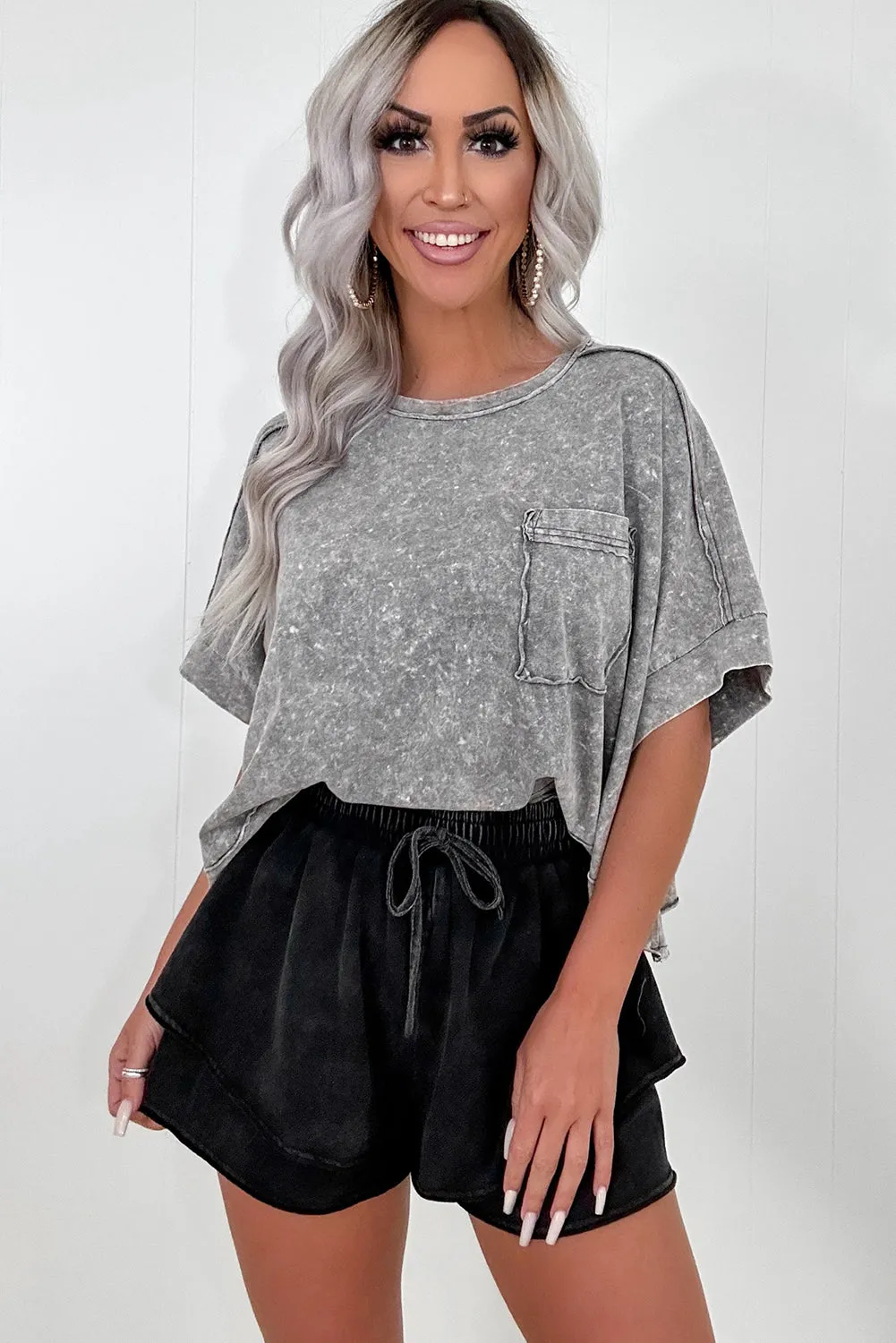 Black Mineral Wash French Terry High Waist Casual Shorts sold by Beagle Boutique product image thumbnail 5