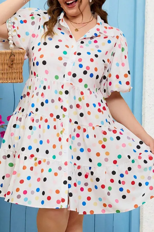 White Polka Dot Print Bubble Sleeve Button Up Plus Size Shirt Dress sold by Beagle Boutique
