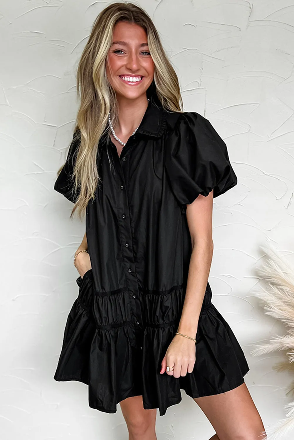 Black Shirt Style Button Down Puff Sleeve Ruffle Hem Dress sold by Beagle Boutique product image thumbnail 5