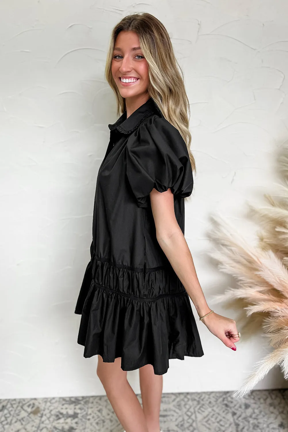 Black Shirt Style Button Down Puff Sleeve Ruffle Hem Dress sold by Beagle Boutique product image thumbnail 3