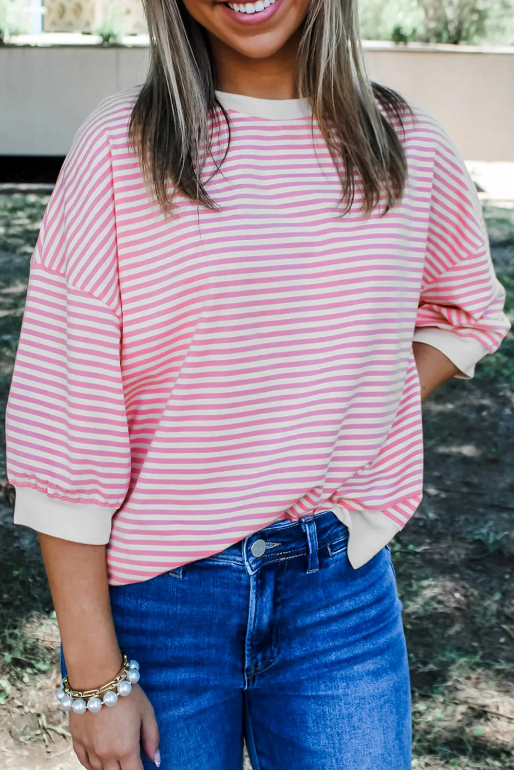 Pink Striped 3/4 Sleeve Drop Shoulder Top sold by Beagle Boutique