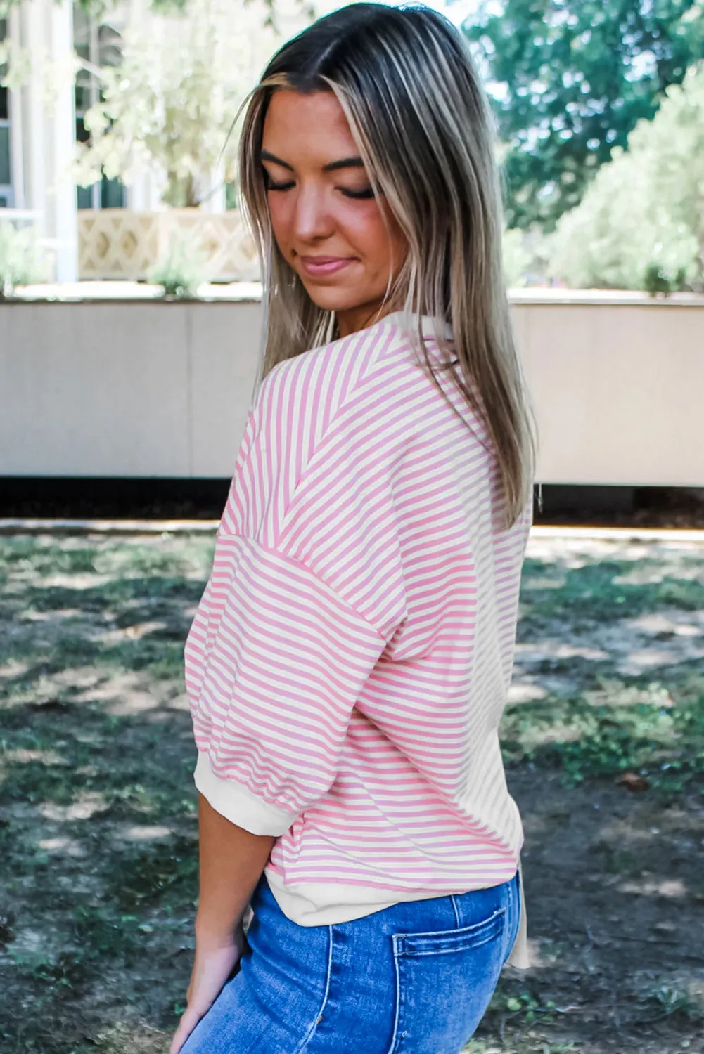 Pink Striped 3/4 Sleeve Drop Shoulder Top sold by Beagle Boutique product image thumbnail 2