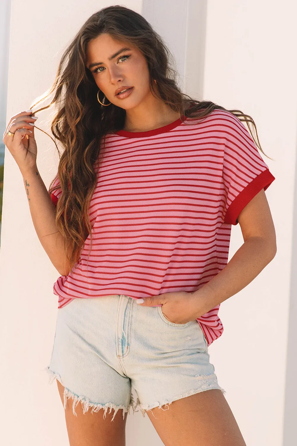 Pink Stripe Knitted Round Neck T Shirt sold by Beagle Boutique