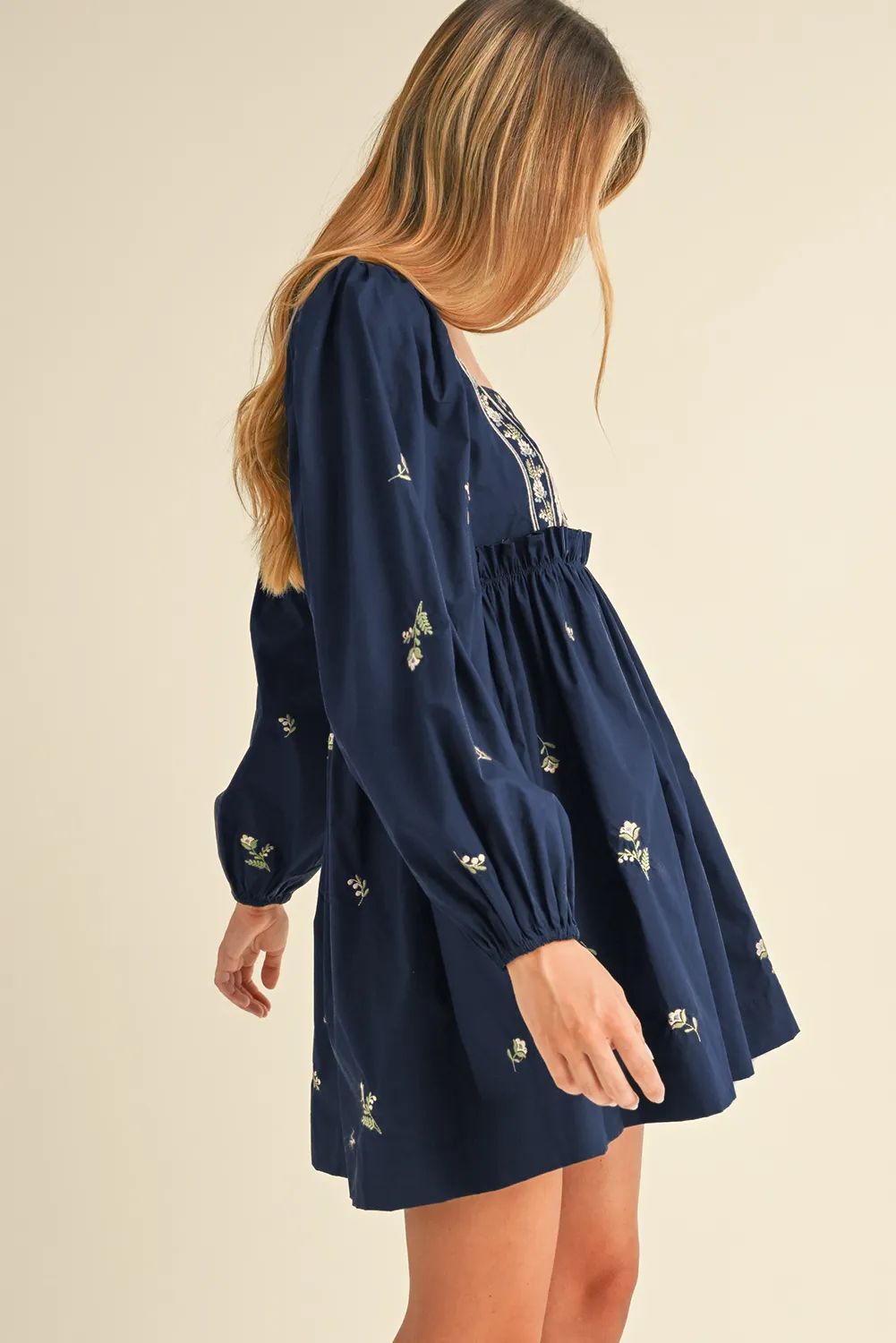 Blue Floral Embroidered Square Neck Puff Sleeve Ruffled Mini Dress sold by Beagle Boutique product image thumbnail 3