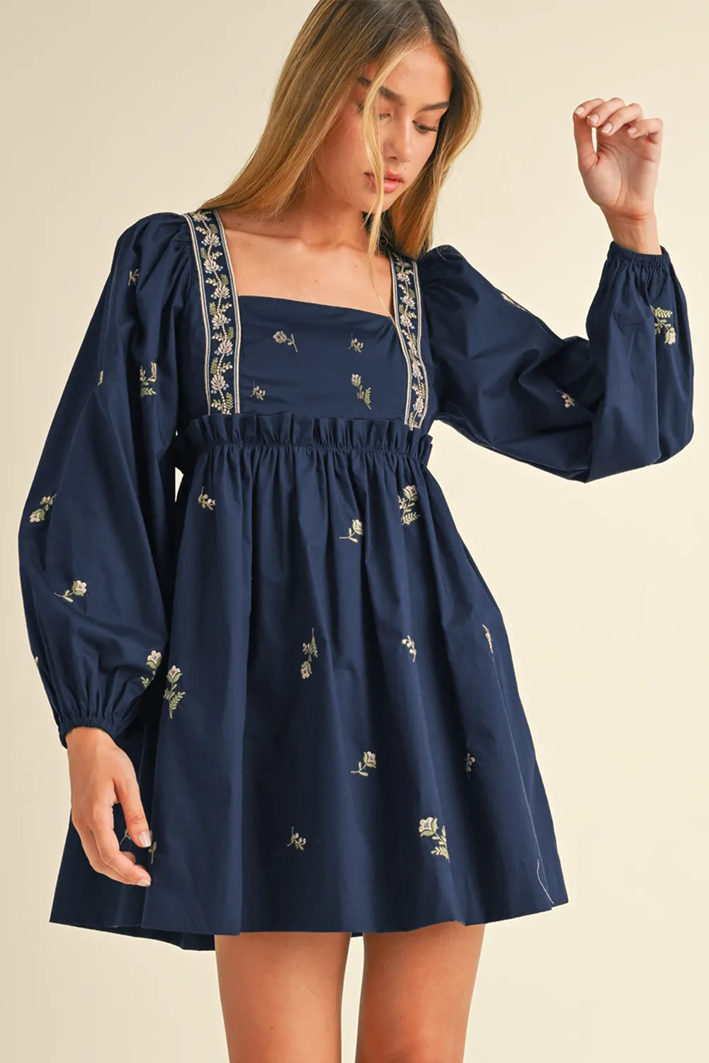 Blue Floral Embroidered Square Neck Puff Sleeve Ruffled Mini Dress sold by Beagle Boutique product image thumbnail 4